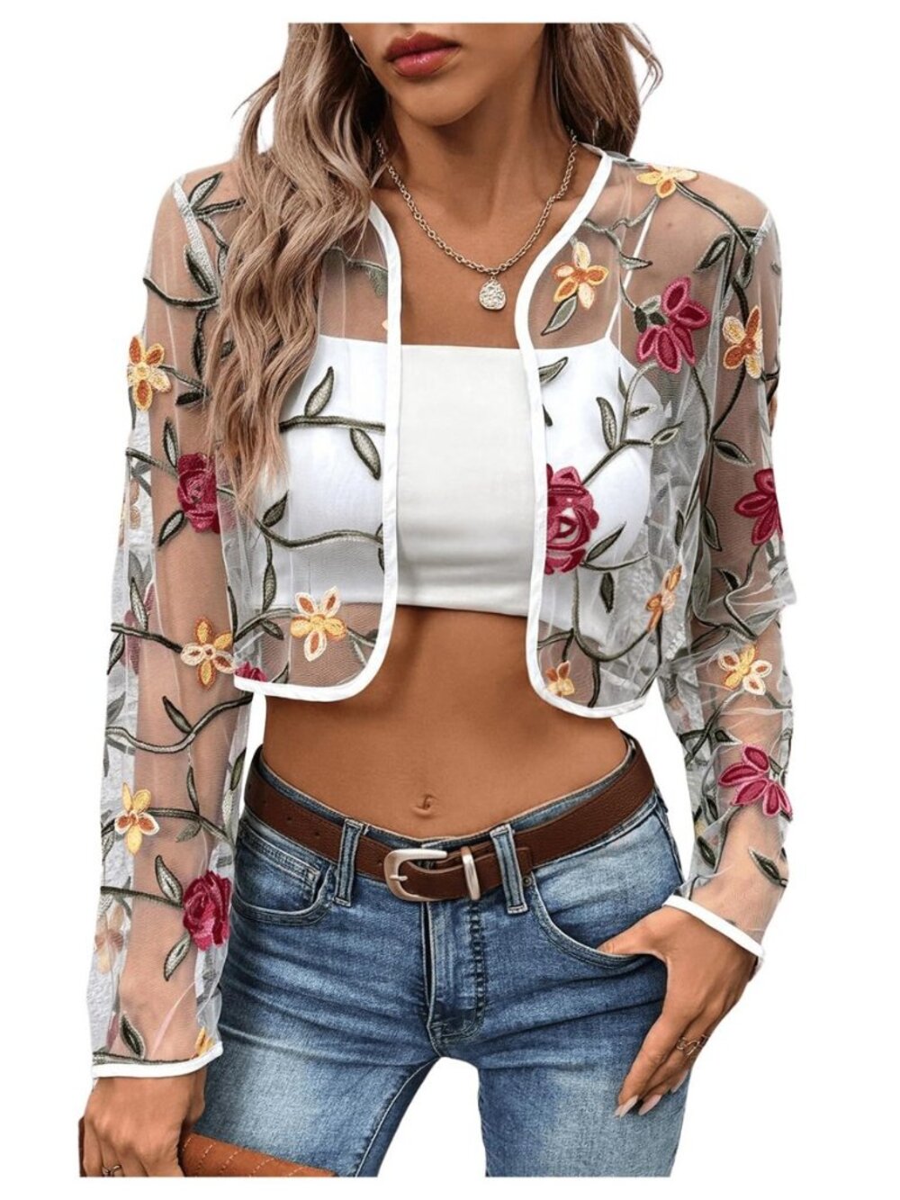 Women's Floral Embroidered Sheer Bolero Open Front Crop Jackets - Picture 6 of 8